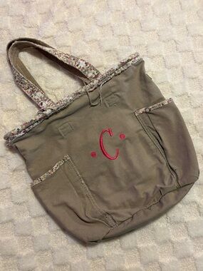thirty-one Taupe Canvas Tote with Pink Monogram